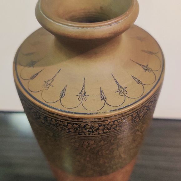 Antique Detail Hand Engraved/Painted India Brass/Copper Vase, 12" T X 2 3/4" - Picture 2 of 8